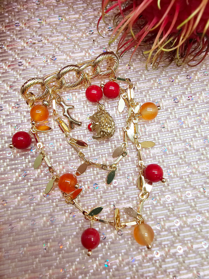 Red Bamboo Coral & Orange Agate Hedgehog Tassel Brooch SP002