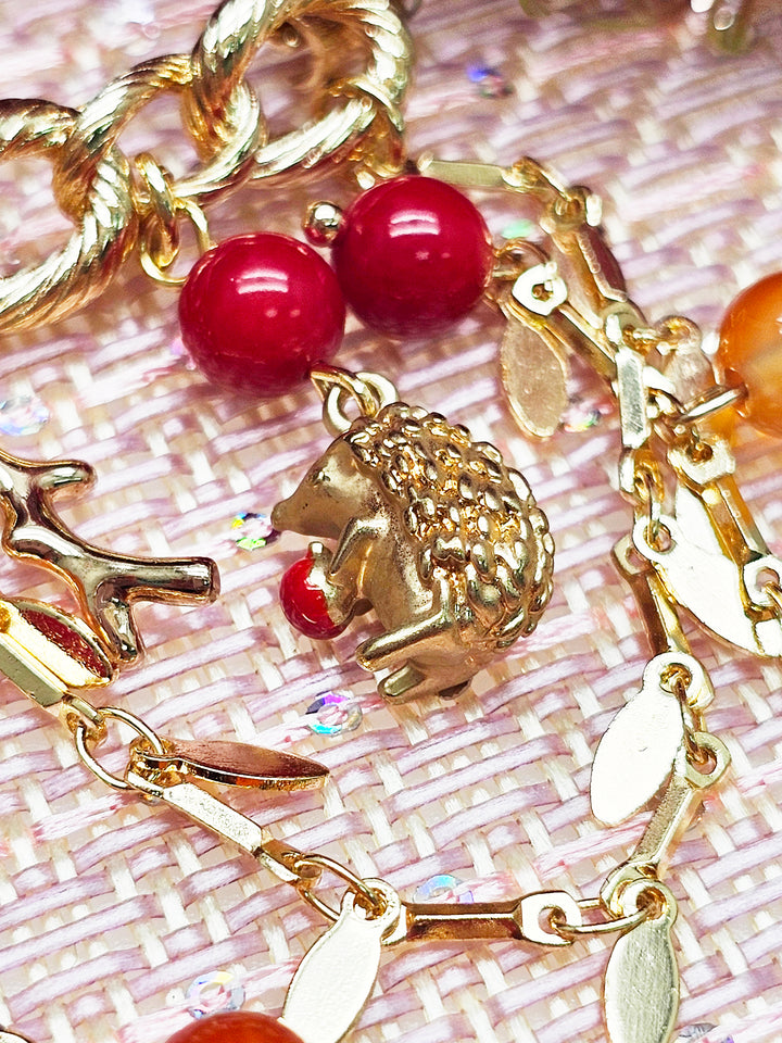 Red Bamboo Coral & Orange Agate Hedgehog Tassel Brooch SP002