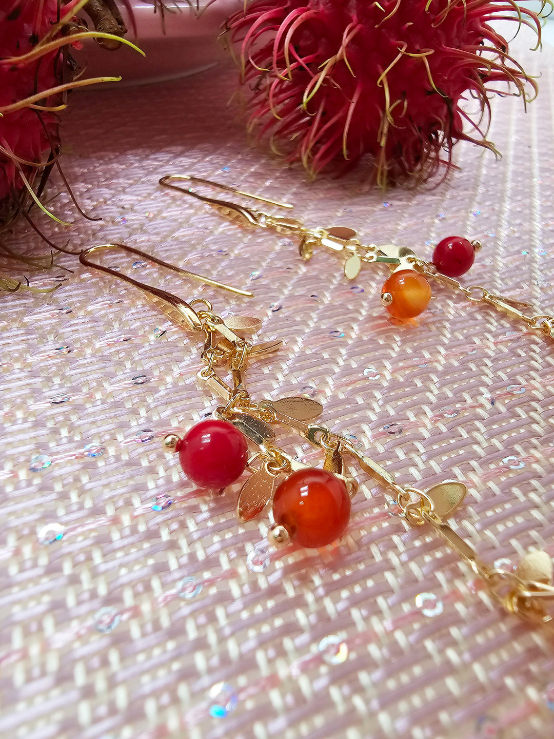 Red Bamboo Coral Orange Agate Drop Earrings SE004