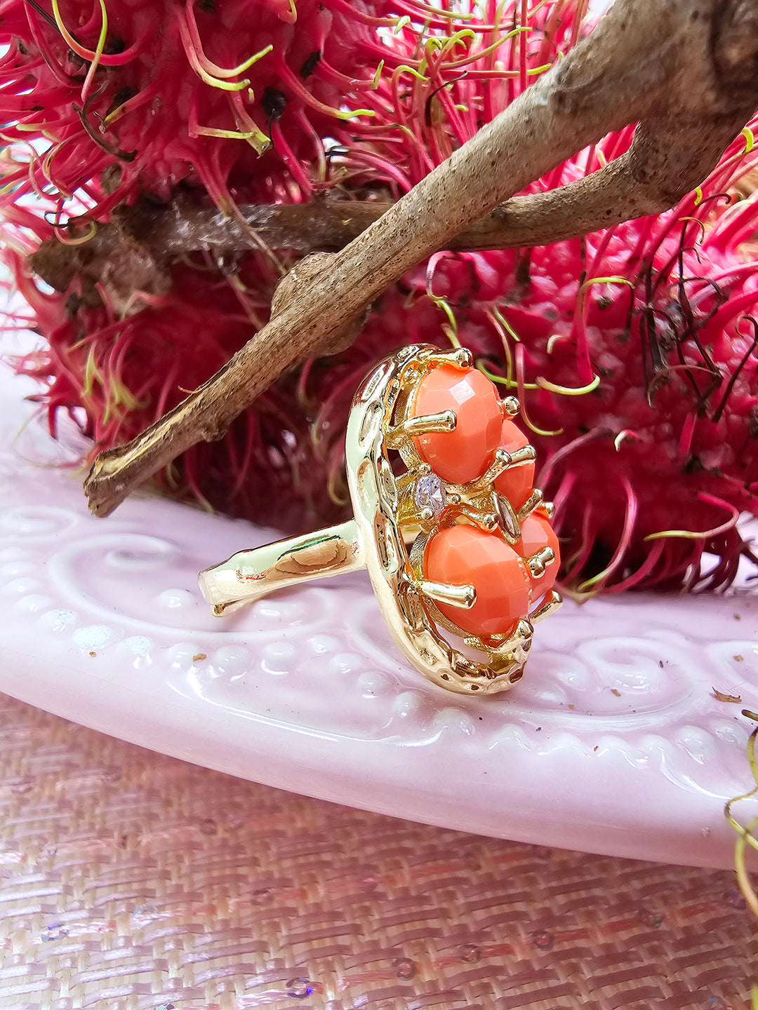 Orange Jade With Zircon Statement Ring SR001