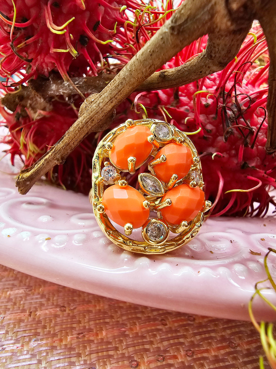 Orange Jade With Zircon Statement Ring SR001