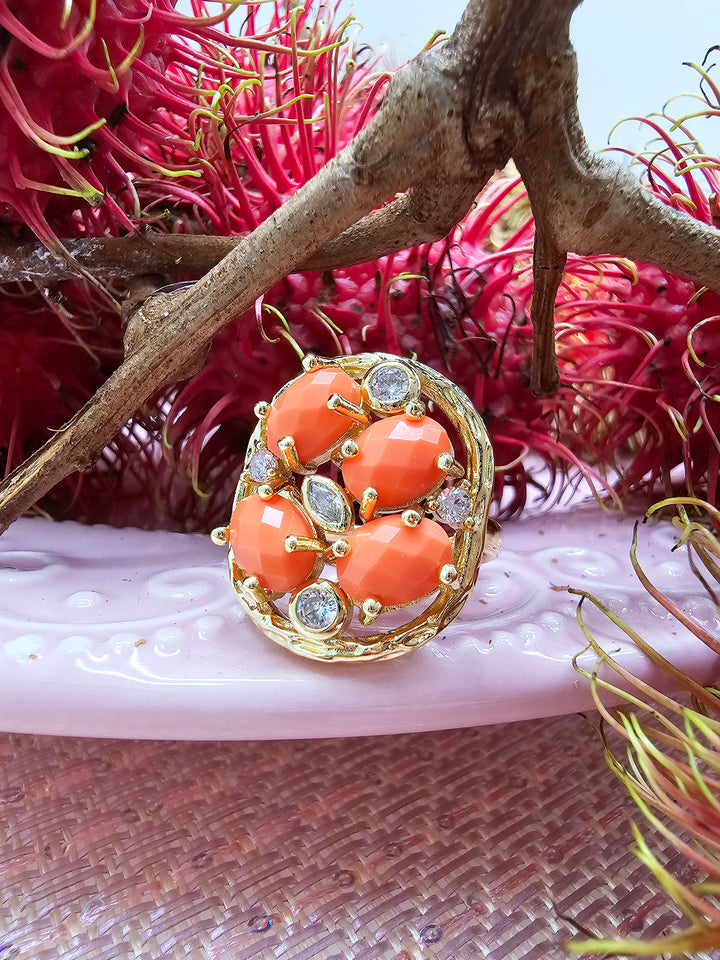 Orange Jade With Zircon Statement Ring SR001