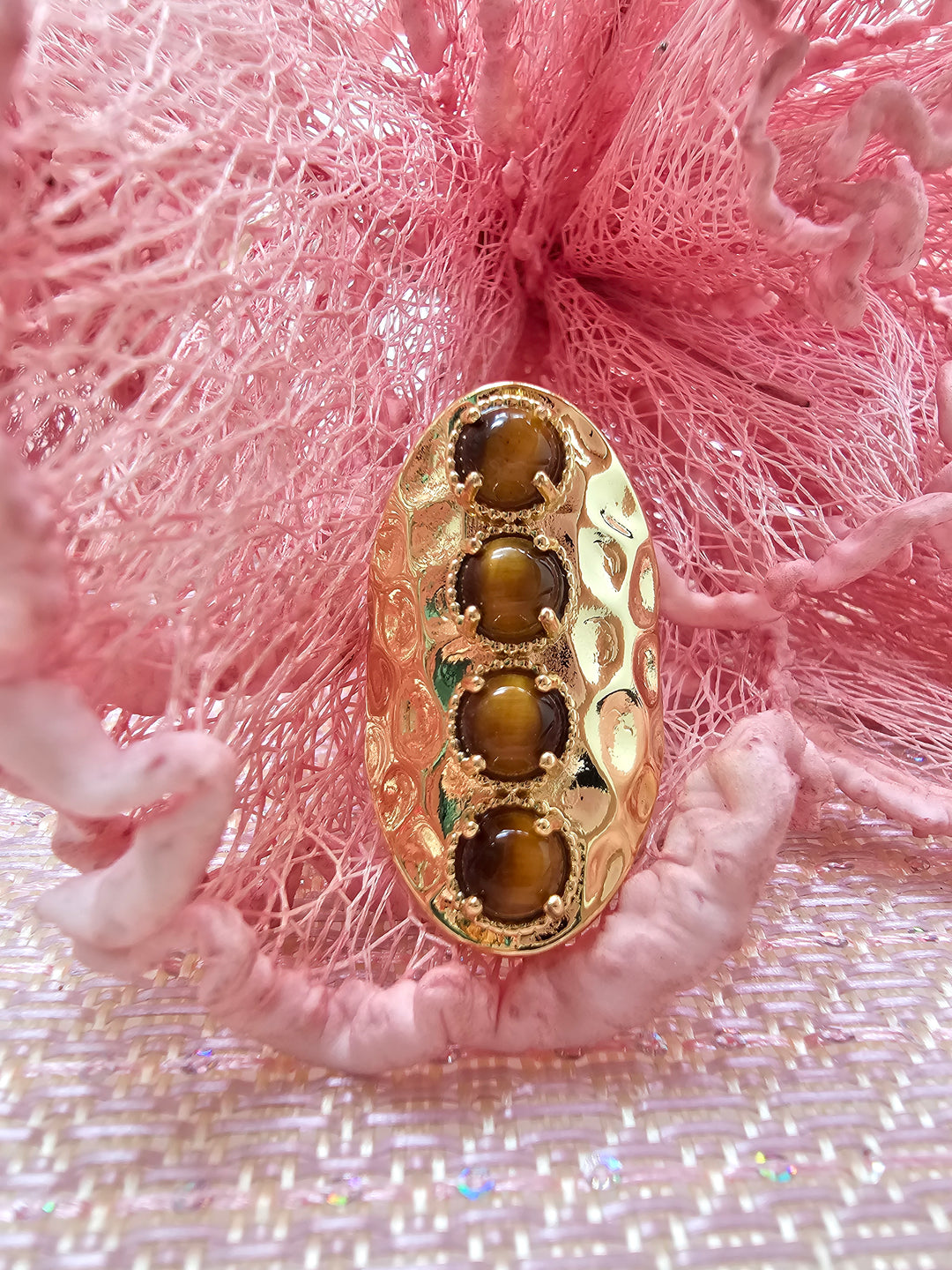 Tiger-eye Stone Chunky Statement Gold Ring SR002
