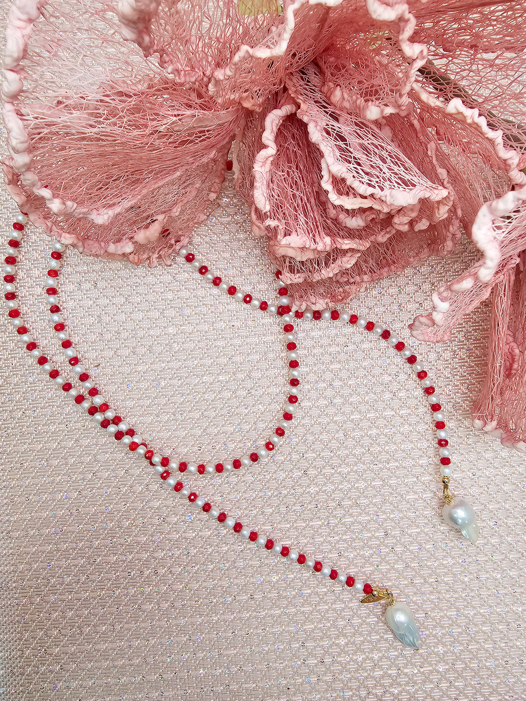 Freshwater Pearl & Red Bamboo Coral Convertible Lariat Necklace with Baroque Pearl Drops SN001