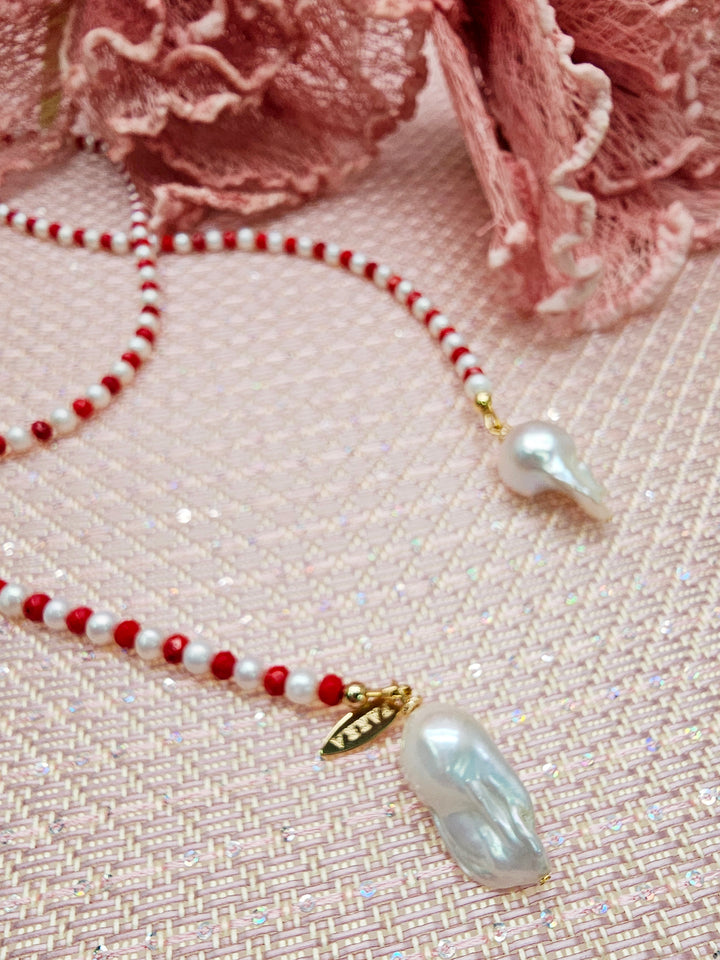 Freshwater Pearl & Red Bamboo Coral Convertible Lariat Necklace with Baroque Pearl Drops SN001