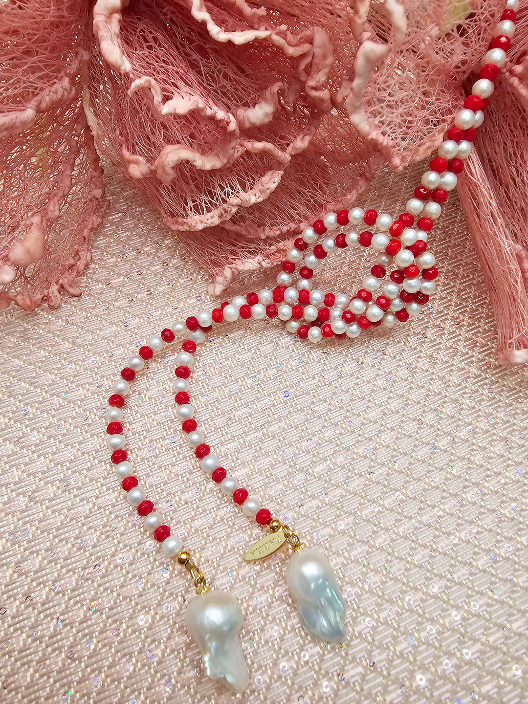 Freshwater Pearl & Red Bamboo Coral Convertible Lariat Necklace with Baroque Pearl Drops SN001