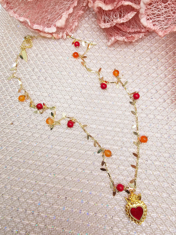 Red Gemstone With Heart Pendant Necklace SN004