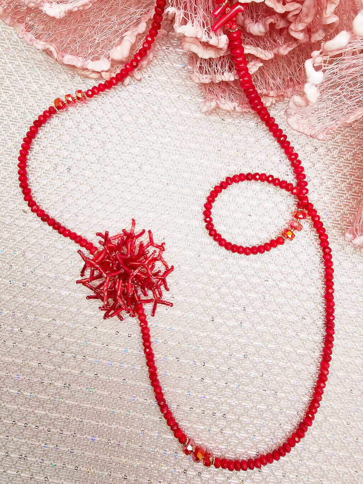 Red Bamboo Coral Long Necklace with Removable Flower Pin SN002