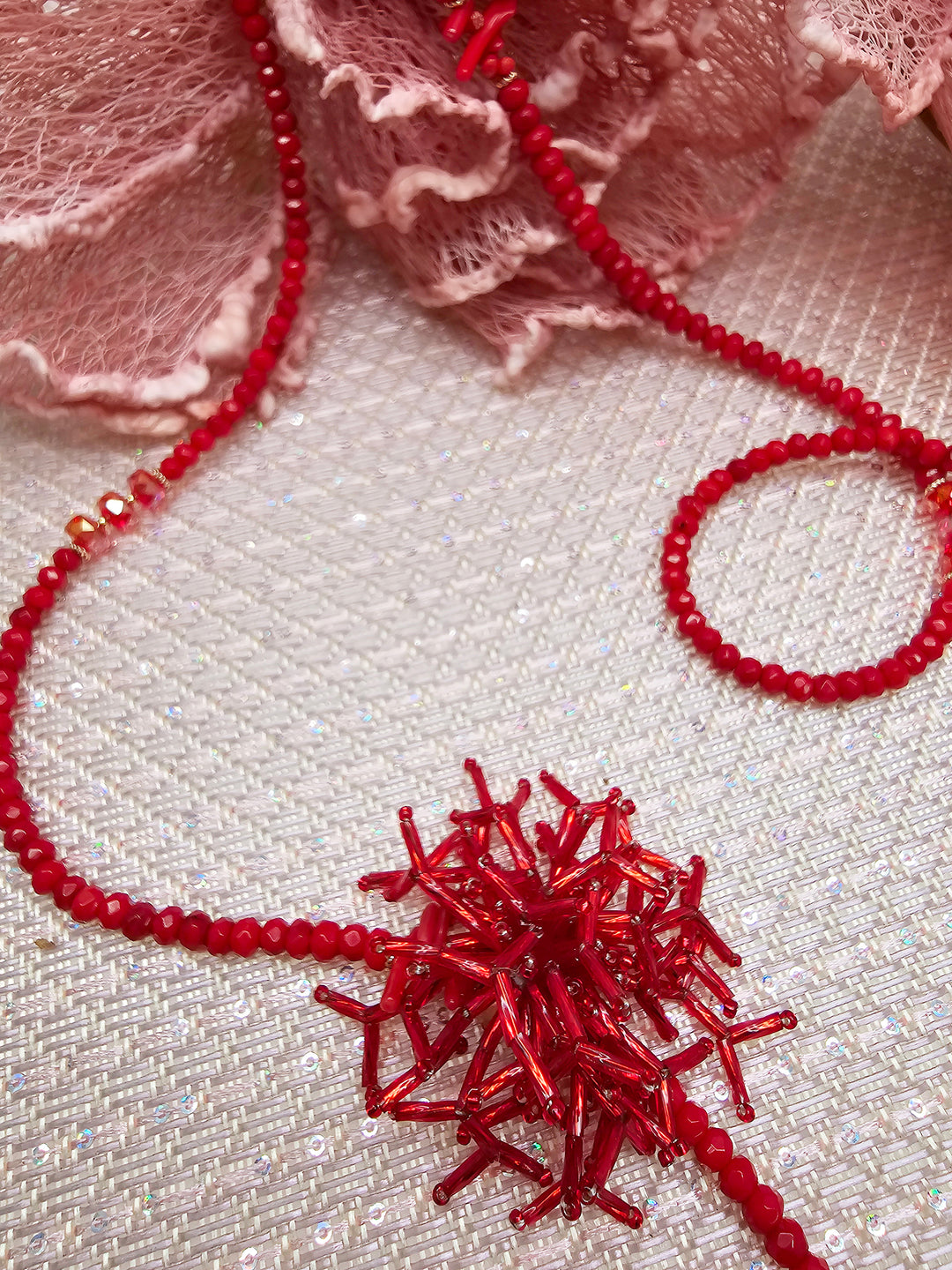 Red Bamboo Coral Long Necklace with Removable Flower Pin SN002