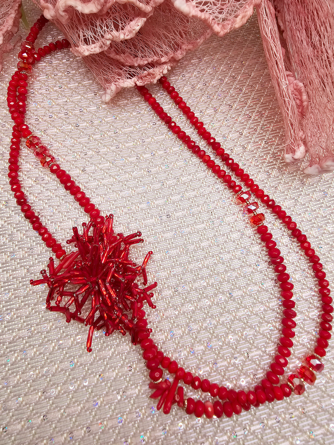 Red Bamboo Coral Long Necklace with Removable Flower Pin SN002