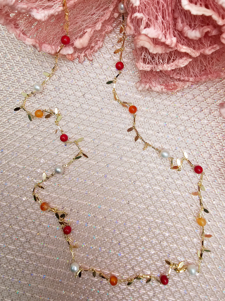 Red Bamboo Coral Orange Agate & Pearl Long Necklace SN006