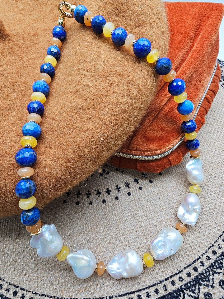 Artistic Lapis And Colorful Gemstone With Baroque Pearls Statement Necklace SN019