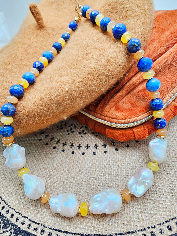 Artistic Lapis And Colorful Gemstone With Baroque Pearls Statement Necklace SN019