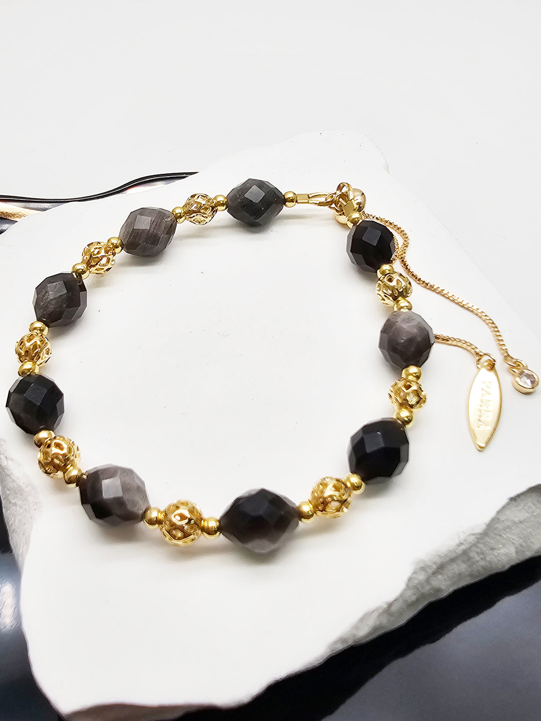 Romantic Style Oval Black Obsidian Adjustable Bracelet SB025