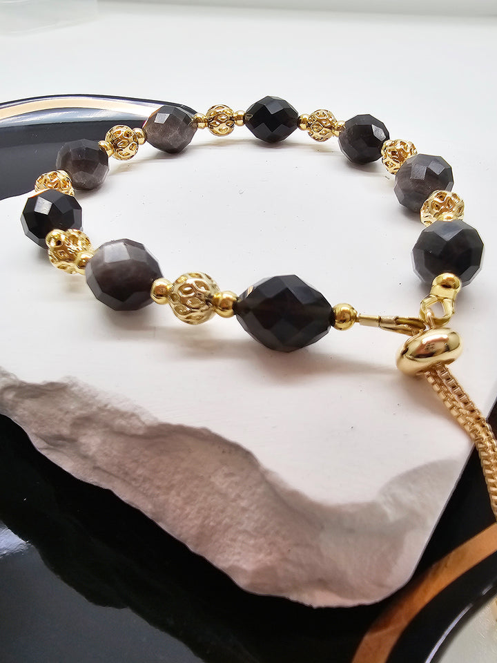 Romantic Style Oval Black Obsidian Adjustable Bracelet SB025