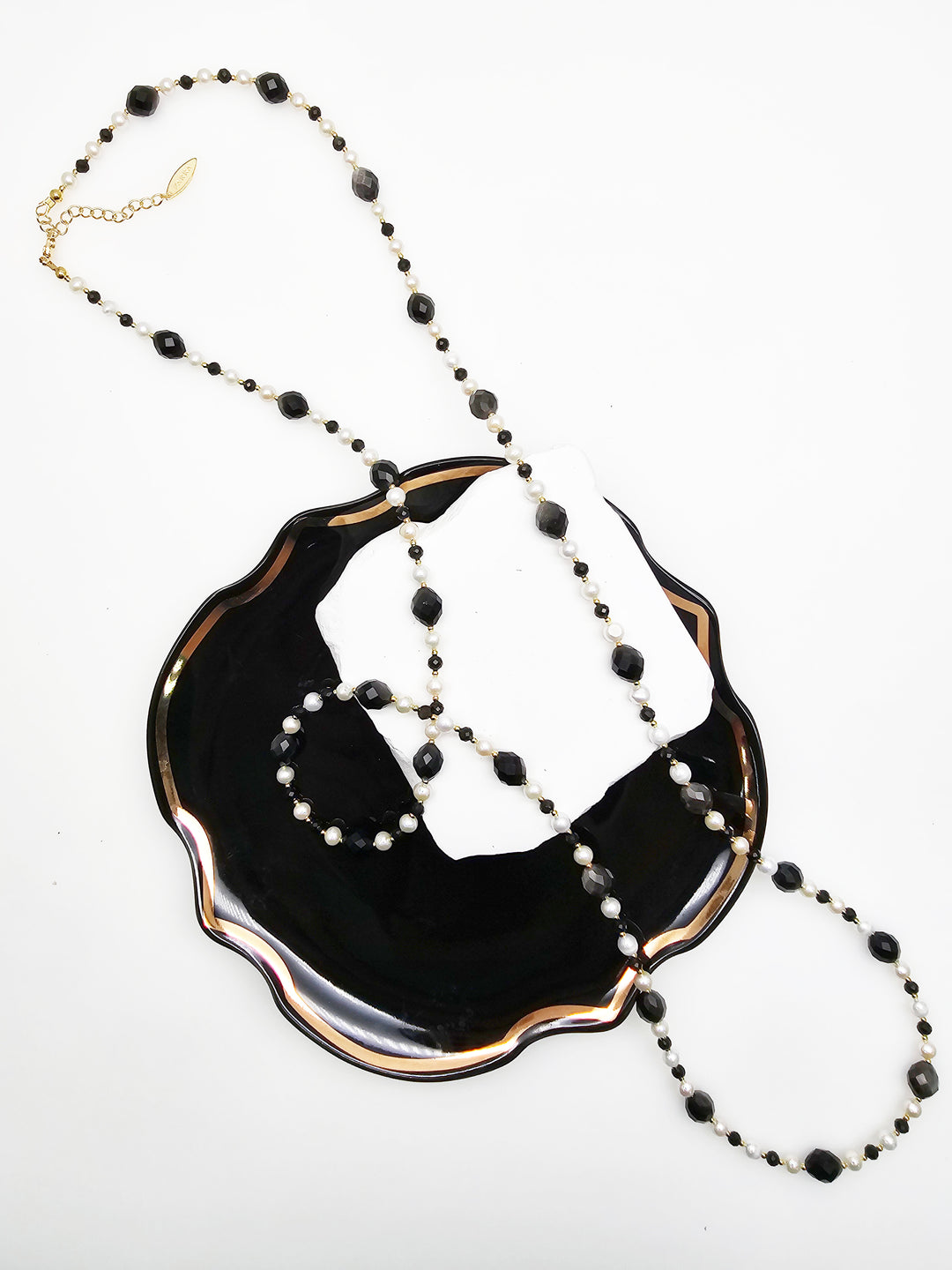 Romantic Style Oval Black Obsidian With White Freshwater Pearl Long Necklace