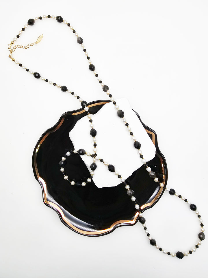 Romantic Style Oval Black Obsidian With White Freshwater Pearl Long Necklace