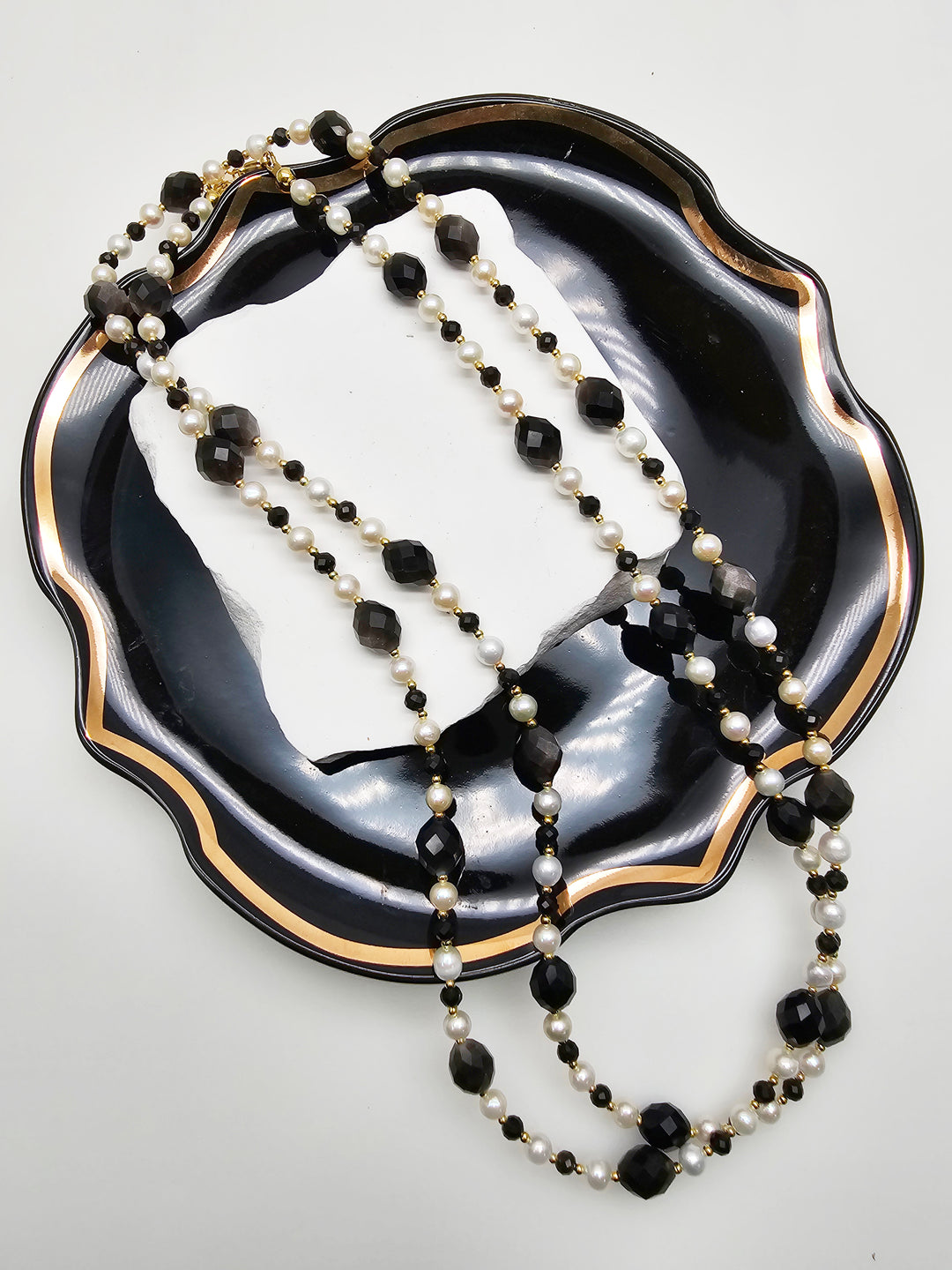 Romantic Style Oval Black Obsidian With White Freshwater Pearl Long Necklace