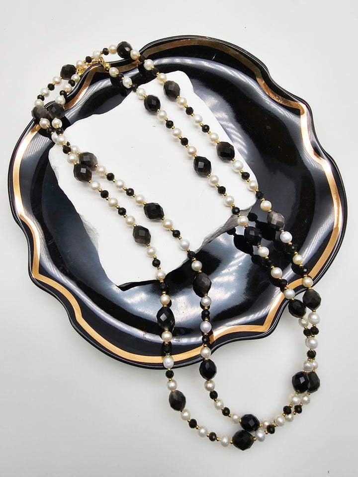 Romantic Style Oval Black Obsidian With White Freshwater Pearl Long Necklace
