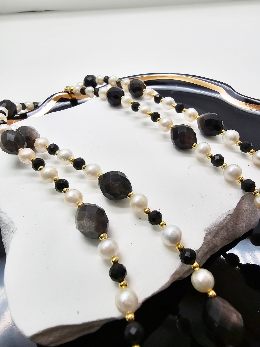 Romantic Style Oval Black Obsidian With White Freshwater Pearl Long Necklace