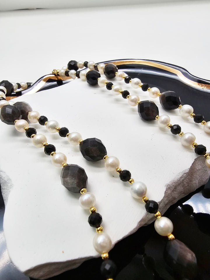 Romantic Style Oval Black Obsidian With White Freshwater Pearl Long Necklace