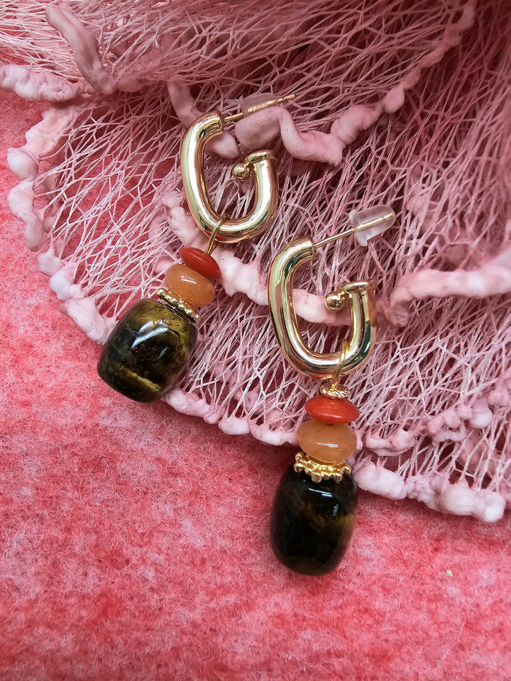 Tiger-eye Stone With Orange Aventurine Red Coral Hoop Earrings SE003