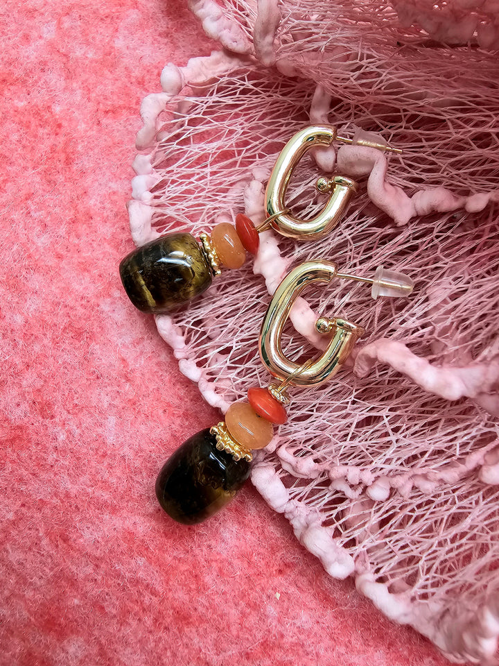 Tiger-eye Stone With Orange Aventurine Red Coral Hoop Earrings SE003