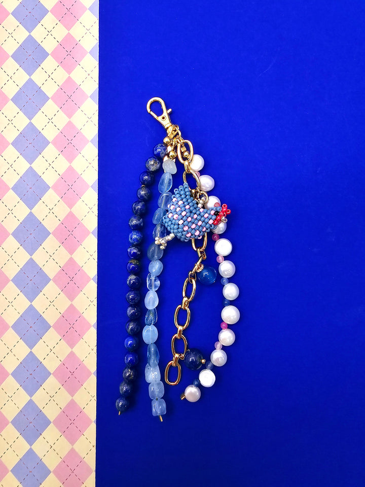 Handcrafted Chicken Charm Lapis Aquamarine And Pearls Tassel Phone Strap/ Bag Charm PC111