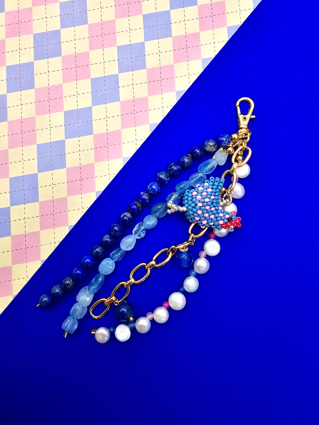 Handcrafted Chicken Charm Lapis Aquamarine And Pearls Tassel Phone Strap/ Bag Charm PC111