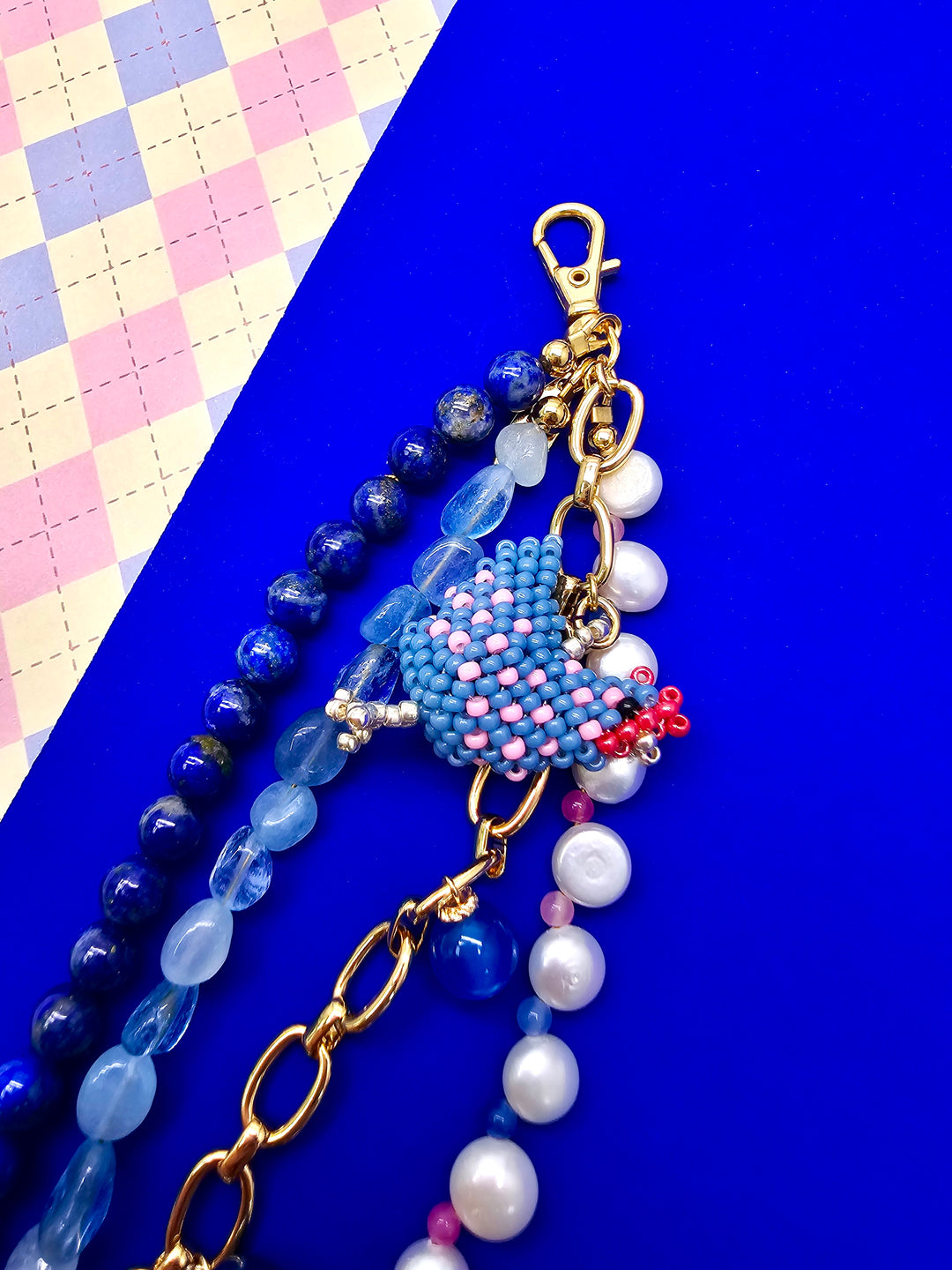 Handcrafted Chicken Charm Lapis Aquamarine And Pearls Tassel Phone Strap/ Bag Charm PC111