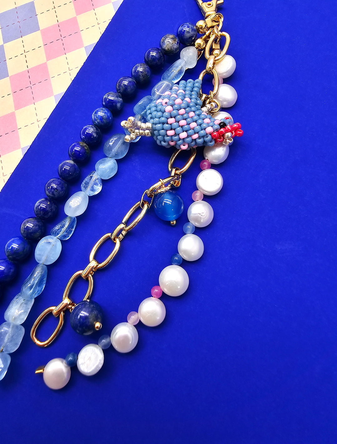 Handcrafted Chicken Charm Lapis Aquamarine And Pearls Tassel Phone Strap/ Bag Charm PC111