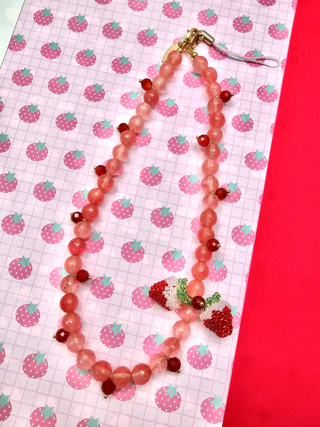 Handcrafted Strawberry Natural Watermelon Quartz Phone Strap PC133