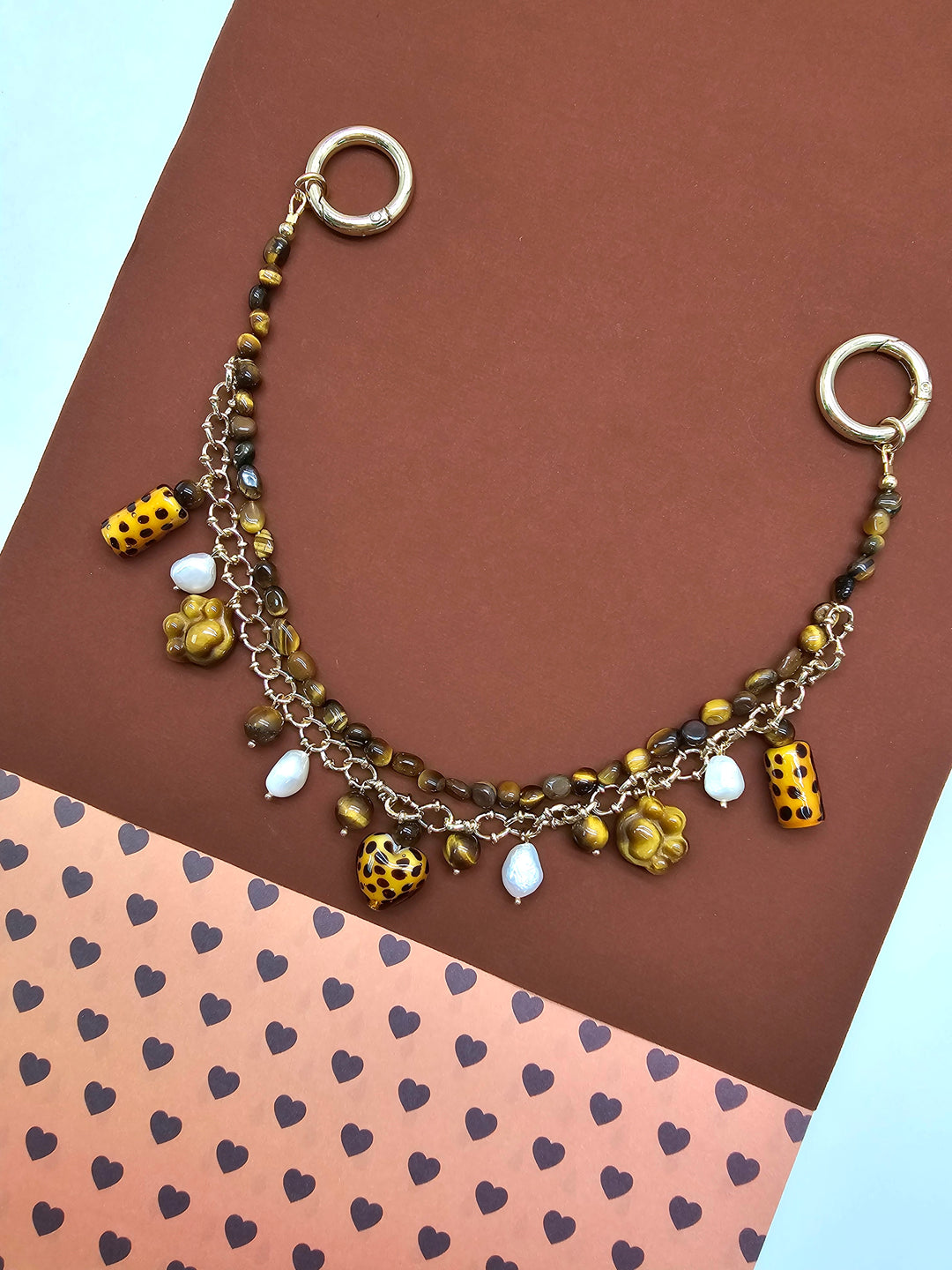 Leopard Print Tiger-Eye Stone And Pearls Layered Bag Charm PC113