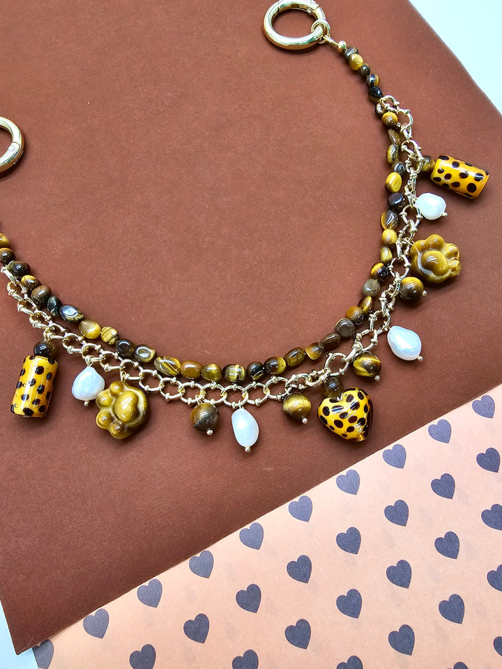 Leopard Print Tiger-Eye Stone And Pearls Layered Bag Charm PC113