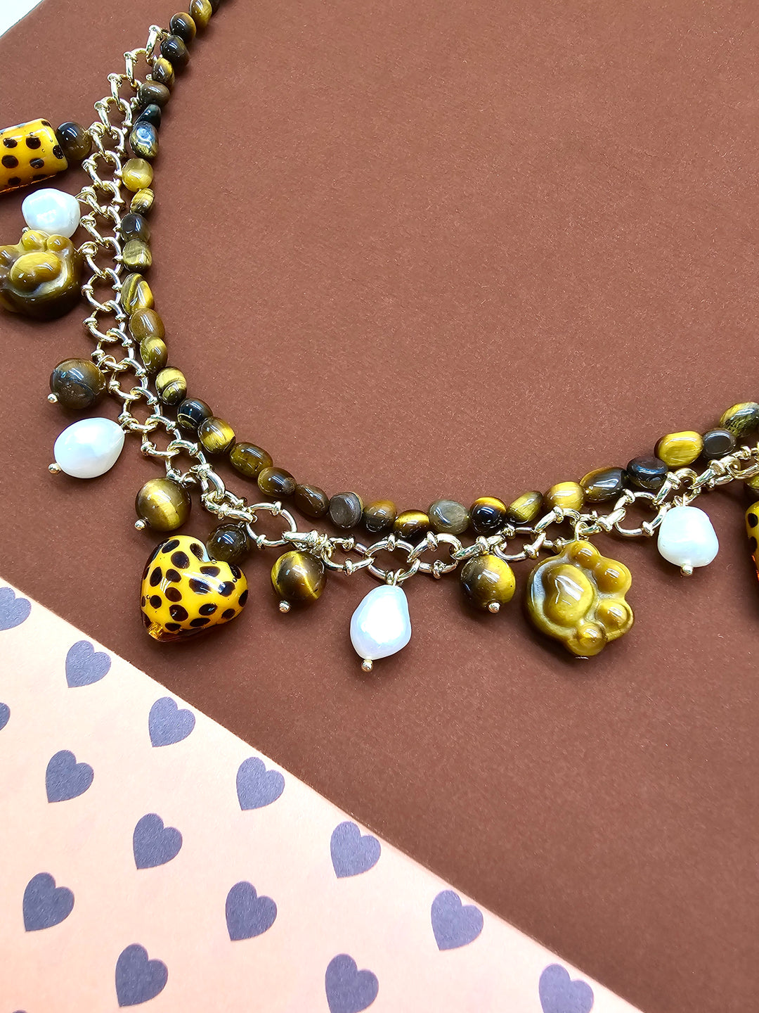 Leopard Print Tiger-Eye Stone And Pearls Layered Bag Charm PC113