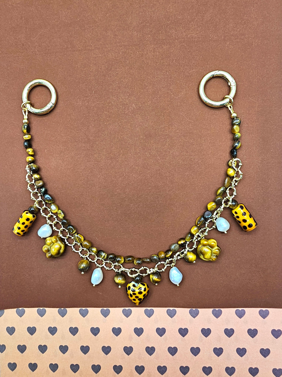 Leopard Print Tiger-Eye Stone And Pearls Layered Bag Charm PC113