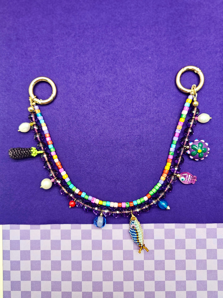 Playful Fish & Eggplant Charm Amethyst Bag Charm PC116