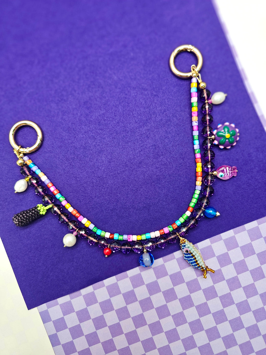 Playful Fish & Eggplant Charm Amethyst Bag Charm PC116