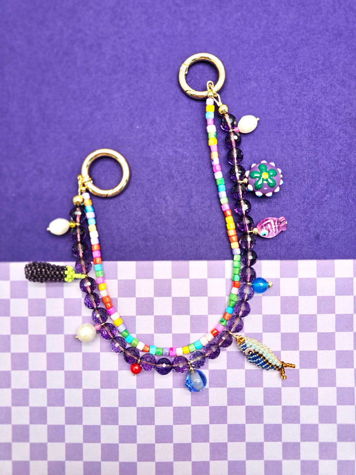 Playful Fish & Eggplant Charm Amethyst Bag Charm PC116
