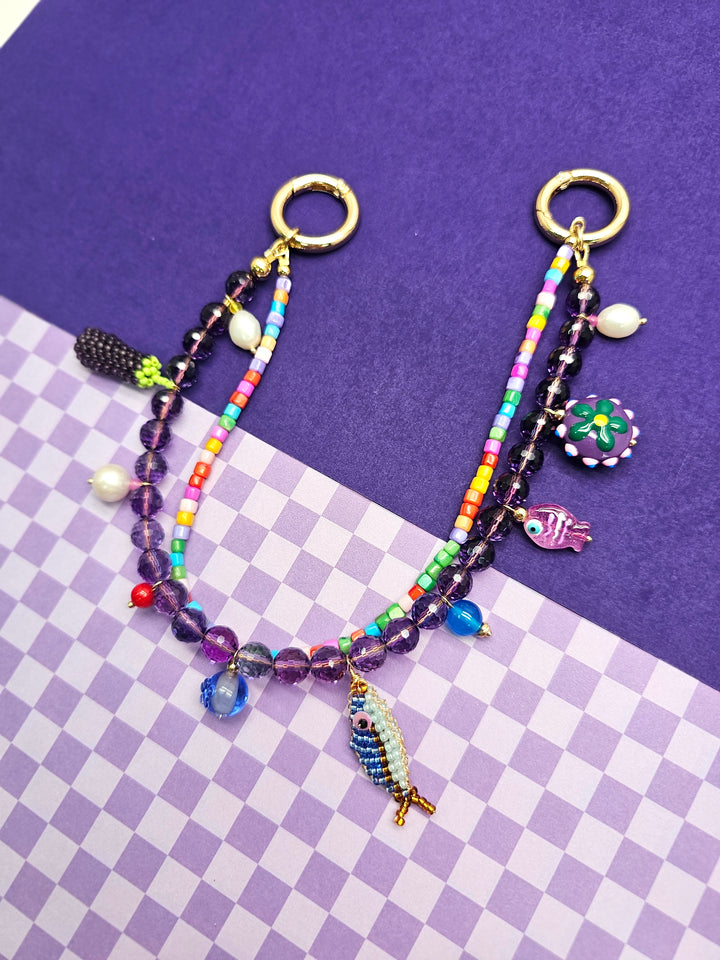 Playful Fish & Eggplant Charm Amethyst Bag Charm PC116