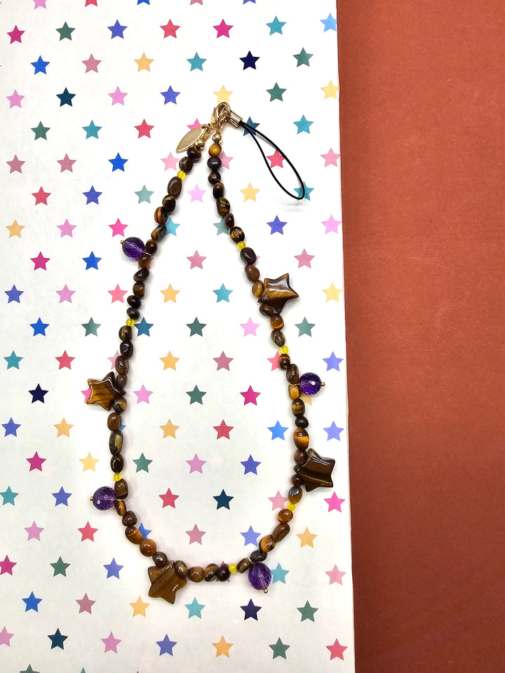 Tiger-Eye Stone Star & Purple Amethyst Phone Strap PC142