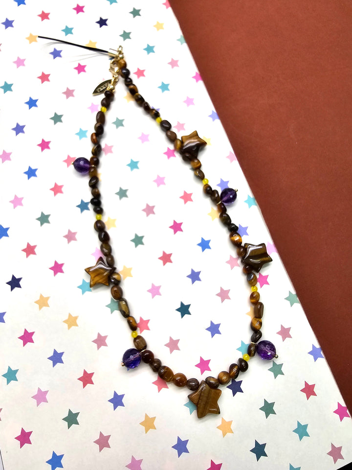 Tiger-Eye Stone Star & Purple Amethyst Phone Strap PC142
