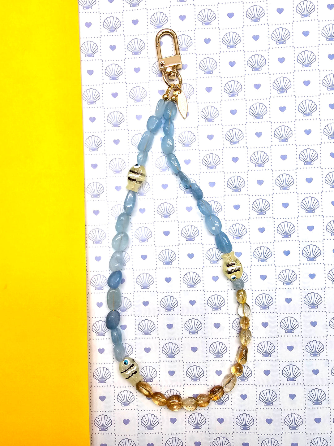 Ocean Inspired Citrine And Aquamarine With Fish Phone Strap PC128