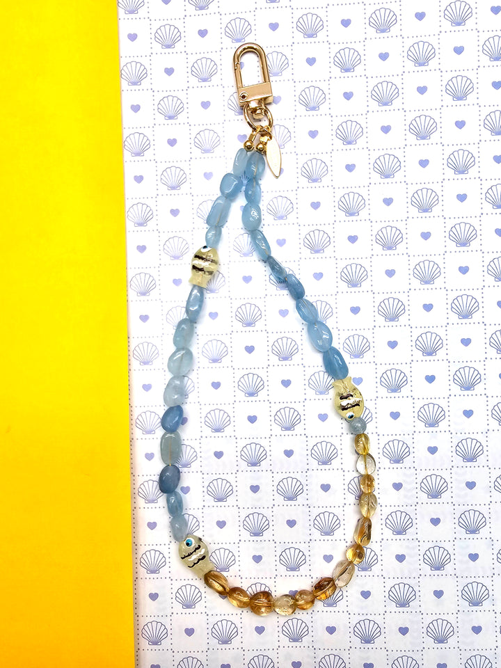 Ocean Inspired Citrine And Aquamarine With Fish Phone Strap PC128