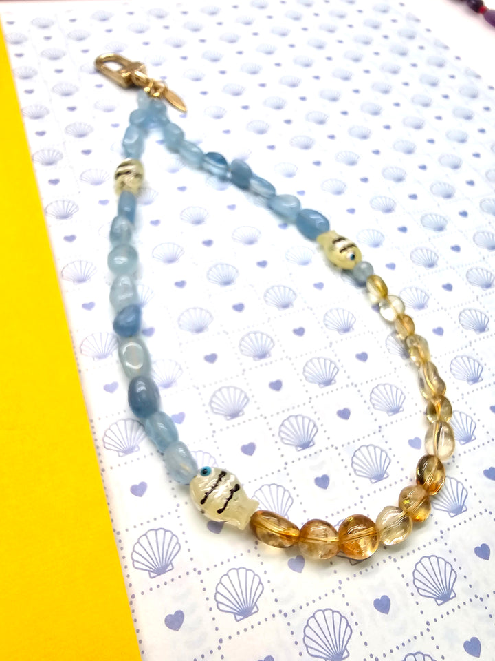 Ocean Inspired Citrine And Aquamarine With Fish Phone Strap PC128