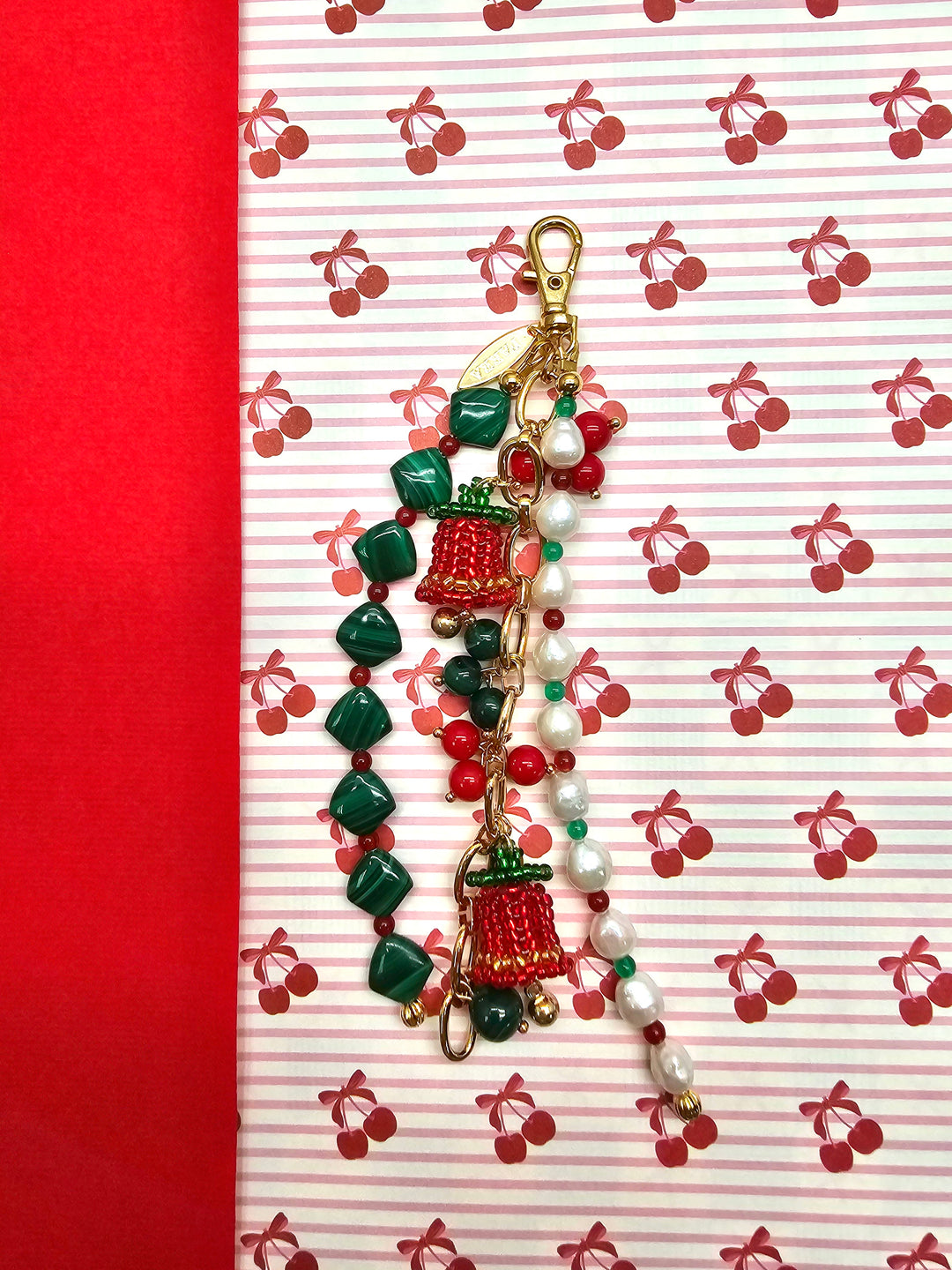 Christmas Bell Malachite And Bamboo Coral And Pearls Tassel Phone Strap/ Bag Charm PC109