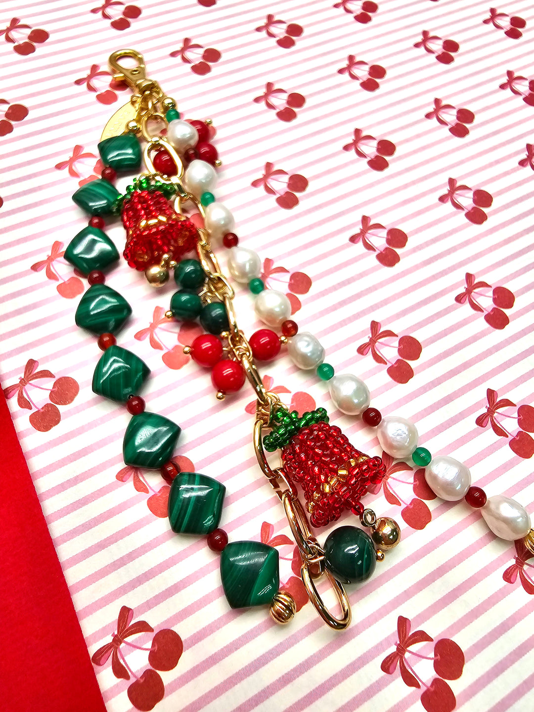 Christmas Bell Malachite And Bamboo Coral And Pearls Tassel Phone Strap/ Bag Charm PC109