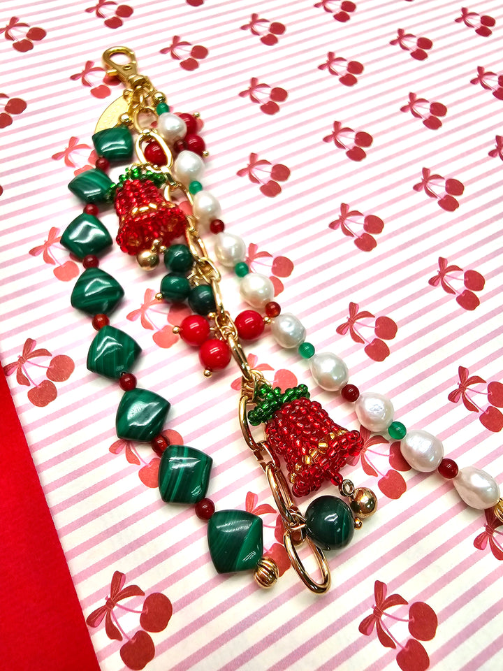 Christmas Bell Malachite And Bamboo Coral And Pearls Tassel Phone Strap/ Bag Charm PC109