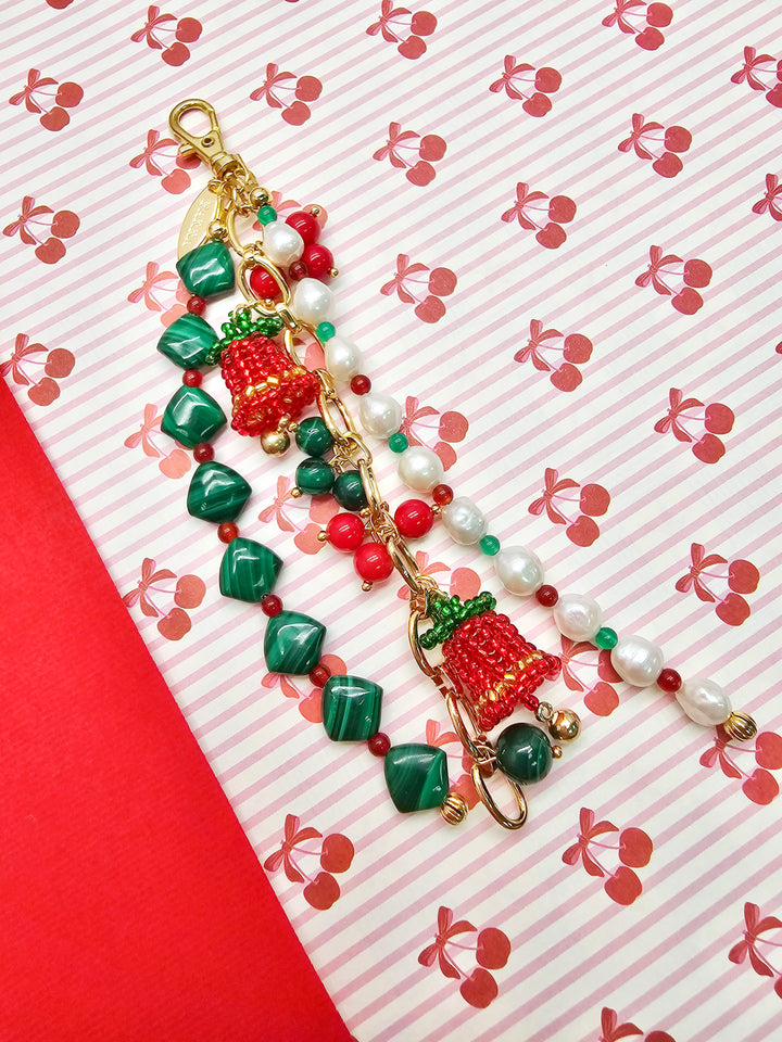 Christmas Bell Malachite And Bamboo Coral And Pearls Tassel Phone Strap/ Bag Charm PC109