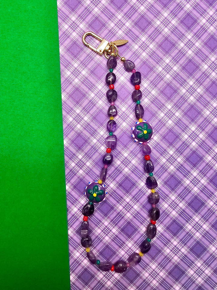 Natural Amethyst With Flower Charm Phone Strap PC130